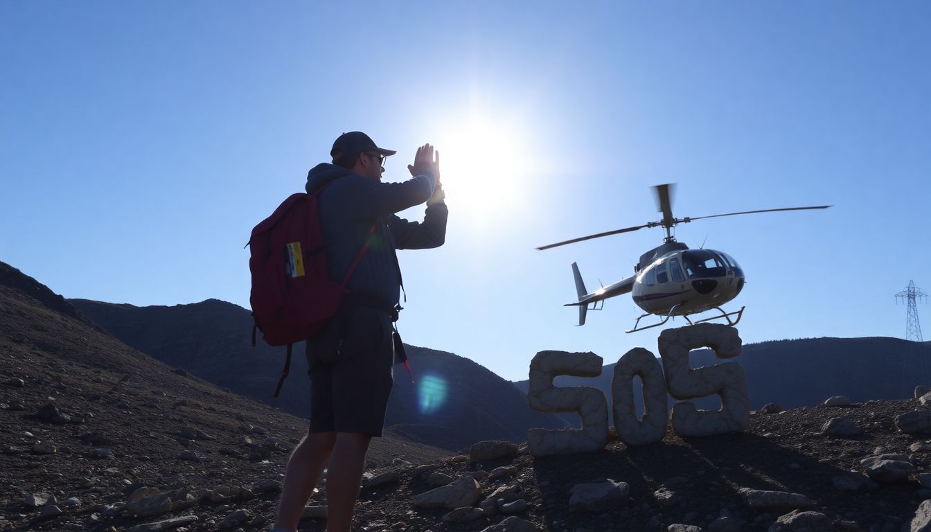 A hiker using a signal mirror to reflect sunlight towards a rescue helicopter, with a SOS sign made of rocks nearby.