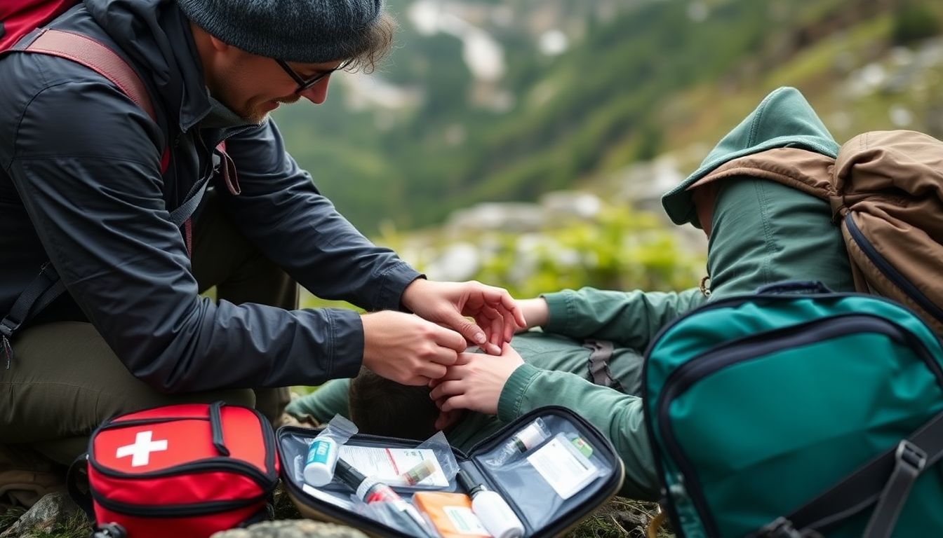 A hiker administering first aid to a companion, with a well-stocked first aid kit nearby.