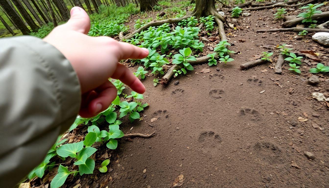 A close-up of a hiker's hand pointing at animal tracks on the forest floor, with a diverse range of flora and fauna in the background.