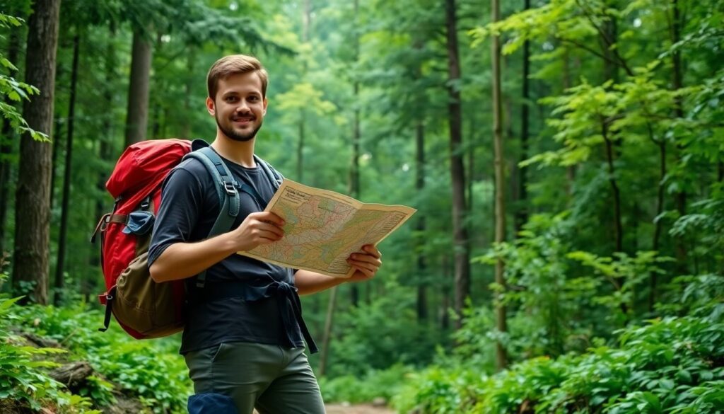 A lone hiker standing confidently in a dense, lush forest, holding a map and compass, with a well-stocked backpack and a determined look on their face.