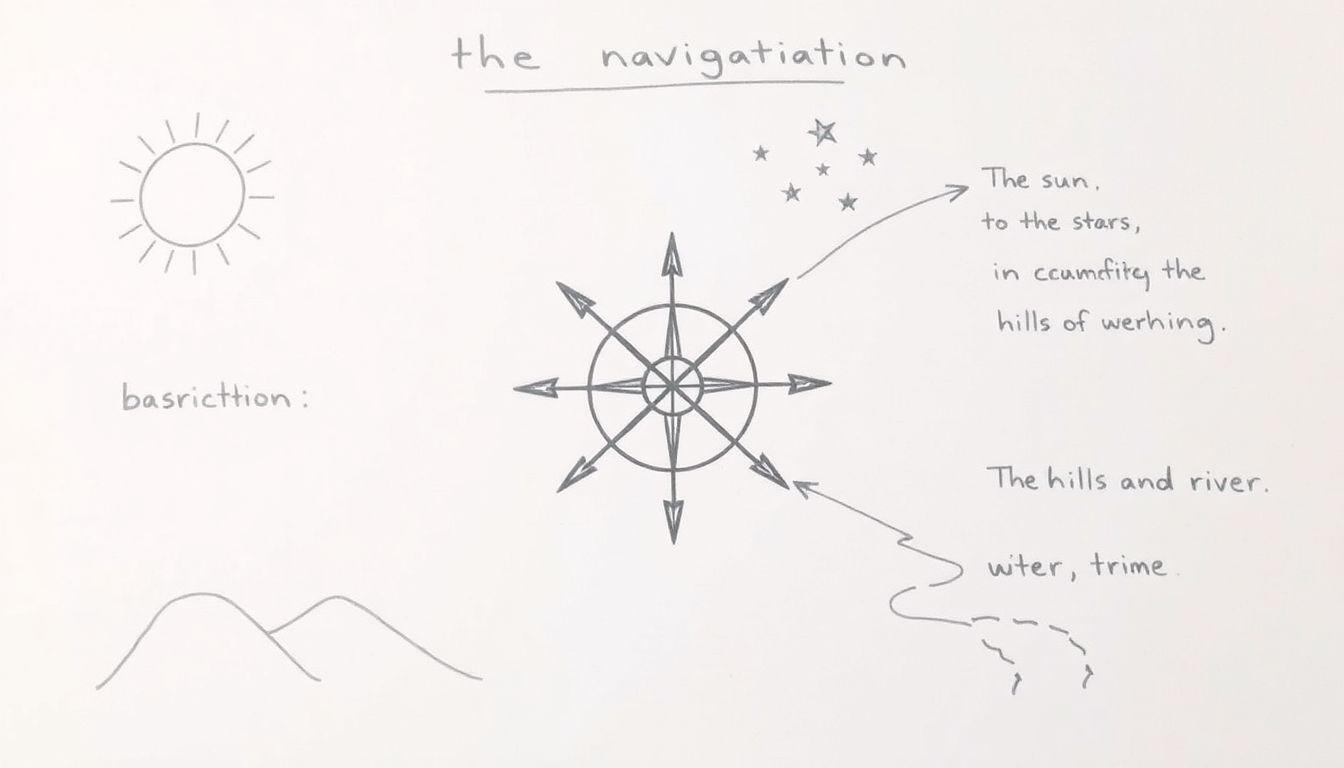 A simple sketch illustrating the basic principles of natural navigation, with arrows pointing to the sun, stars, and prominent land features like hills and rivers.