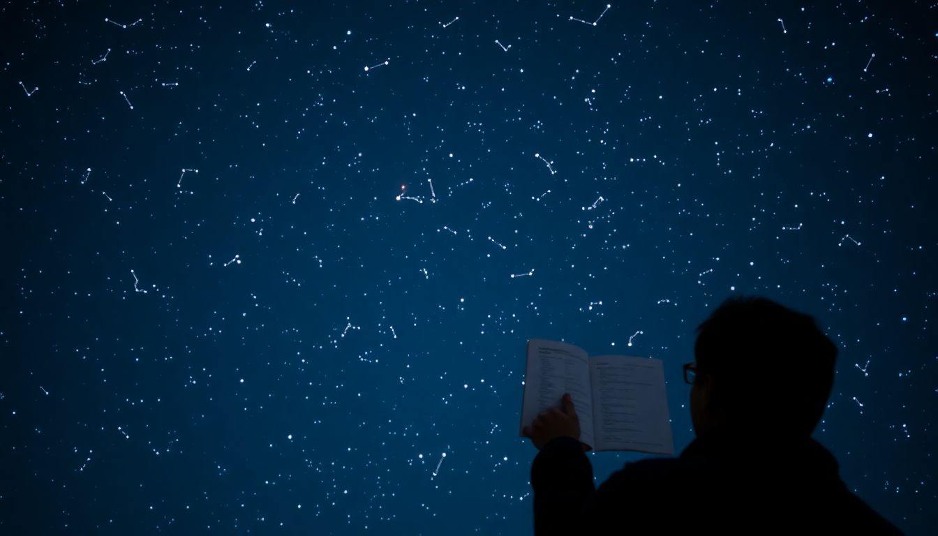 A clear night sky filled with constellations, with a person using a simple star chart to identify the North Star and determine their direction.