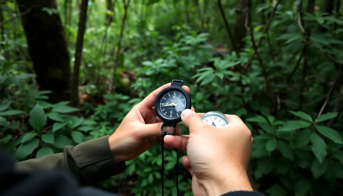 A person using a simple pace counter and a makeshift compass to navigate through dense foliage, applying the principles of dead reckoning.