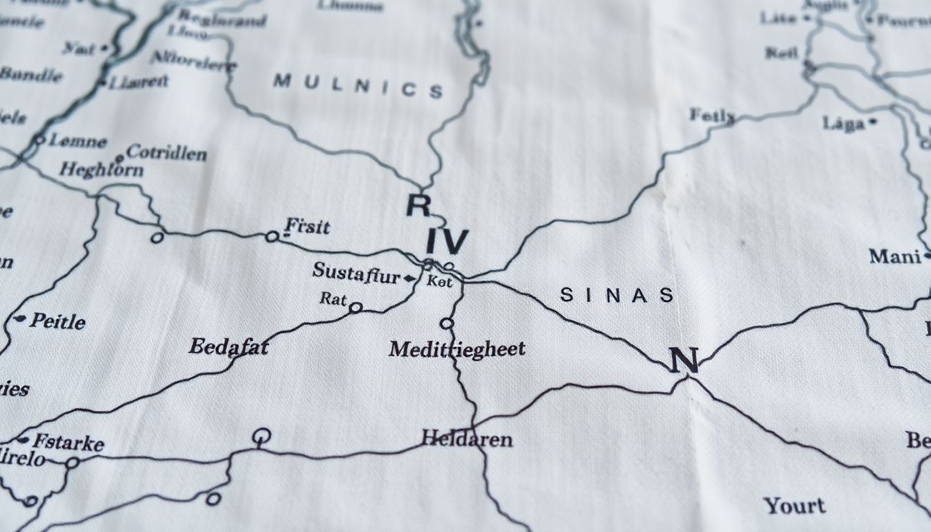 A close-up of a hand-drawn map on a piece of cloth, with clear markings of landmarks, distances, and directions.