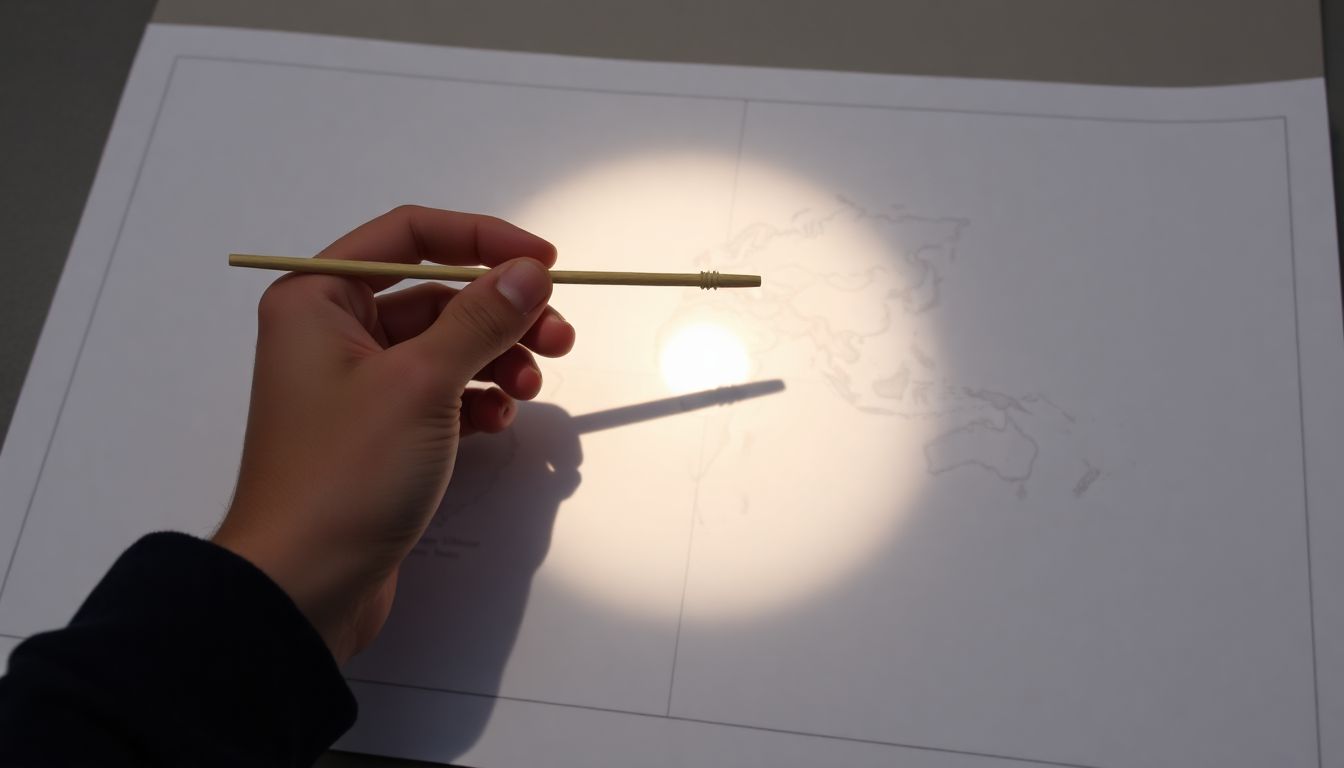 A person using a DIY solar compass made from a stick and a shadow, with the sun's position clearly marked on a simple map.