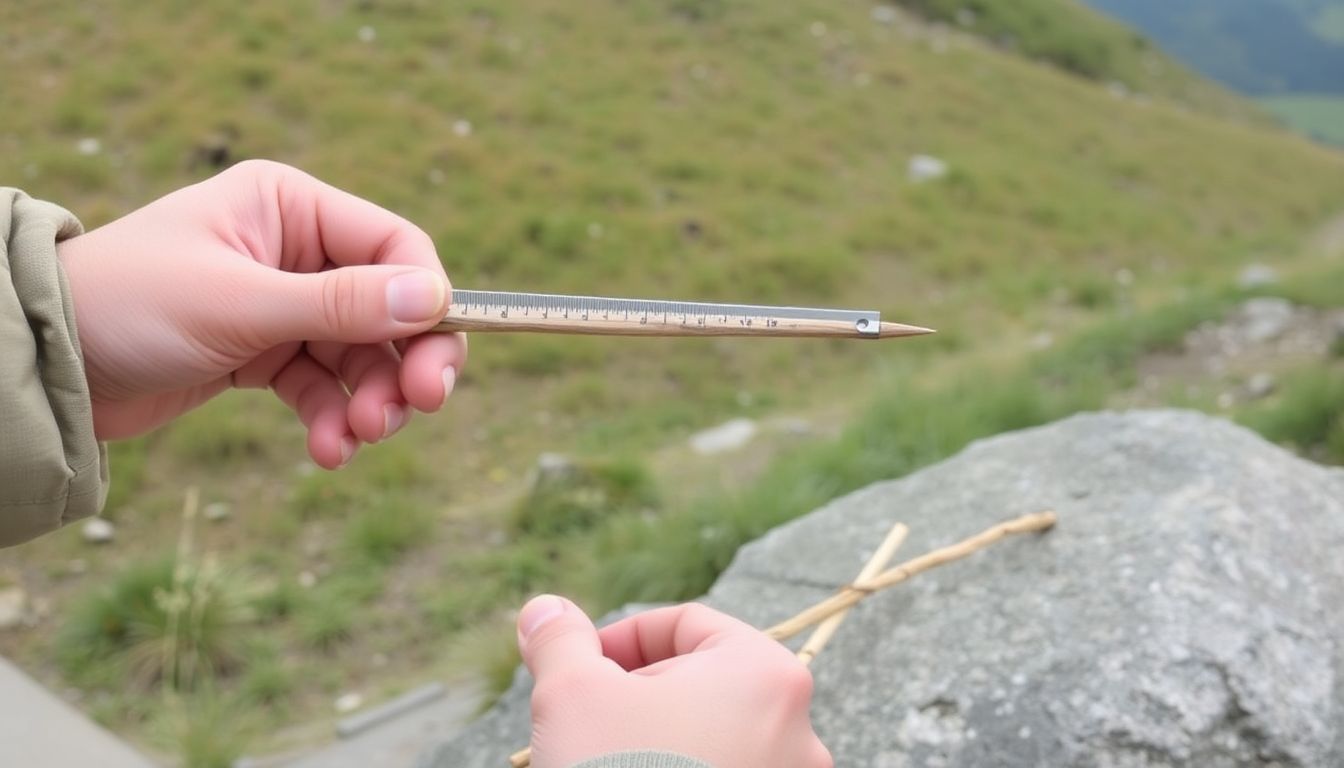 A person using a DIY inclinometer made from a stick and a plumb bob to measure the slope of a hill, with a simple sight made from two sticks laid out beside them.