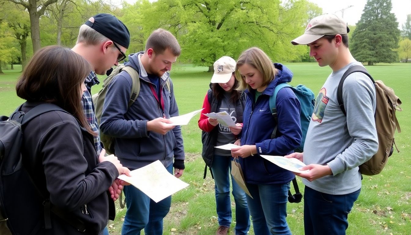 A group of people engaged in a navigation exercise, using homemade tools and maps to find their way through a park or open field.