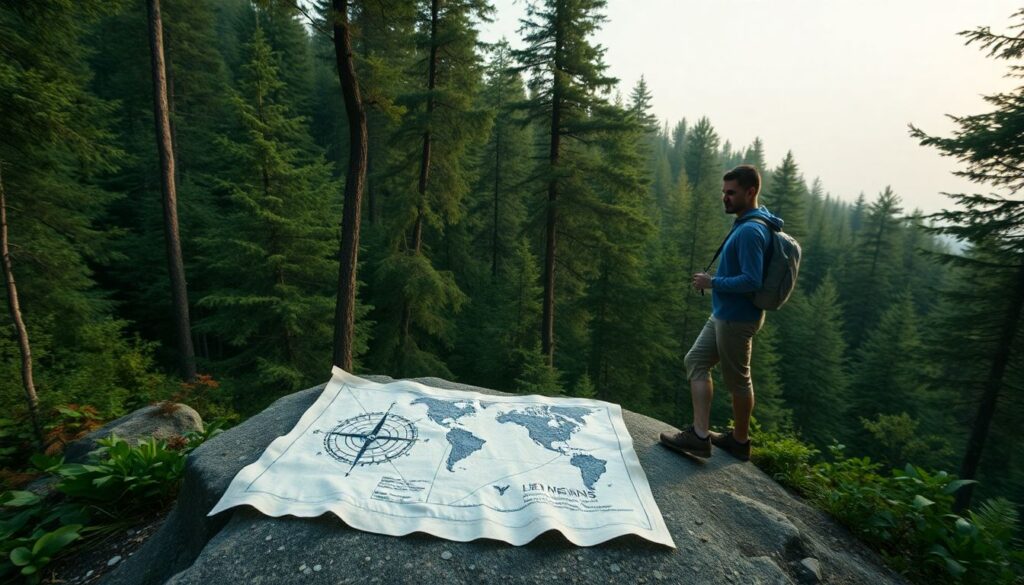 A lone hiker standing confidently in a dense, lush forest, using a homemade compass and the sun's position to navigate, with a map drawn on a piece of cloth laid out on a rock beside them.