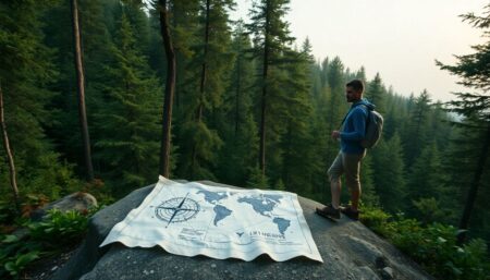 A lone hiker standing confidently in a dense, lush forest, using a homemade compass and the sun's position to navigate, with a map drawn on a piece of cloth laid out on a rock beside them.