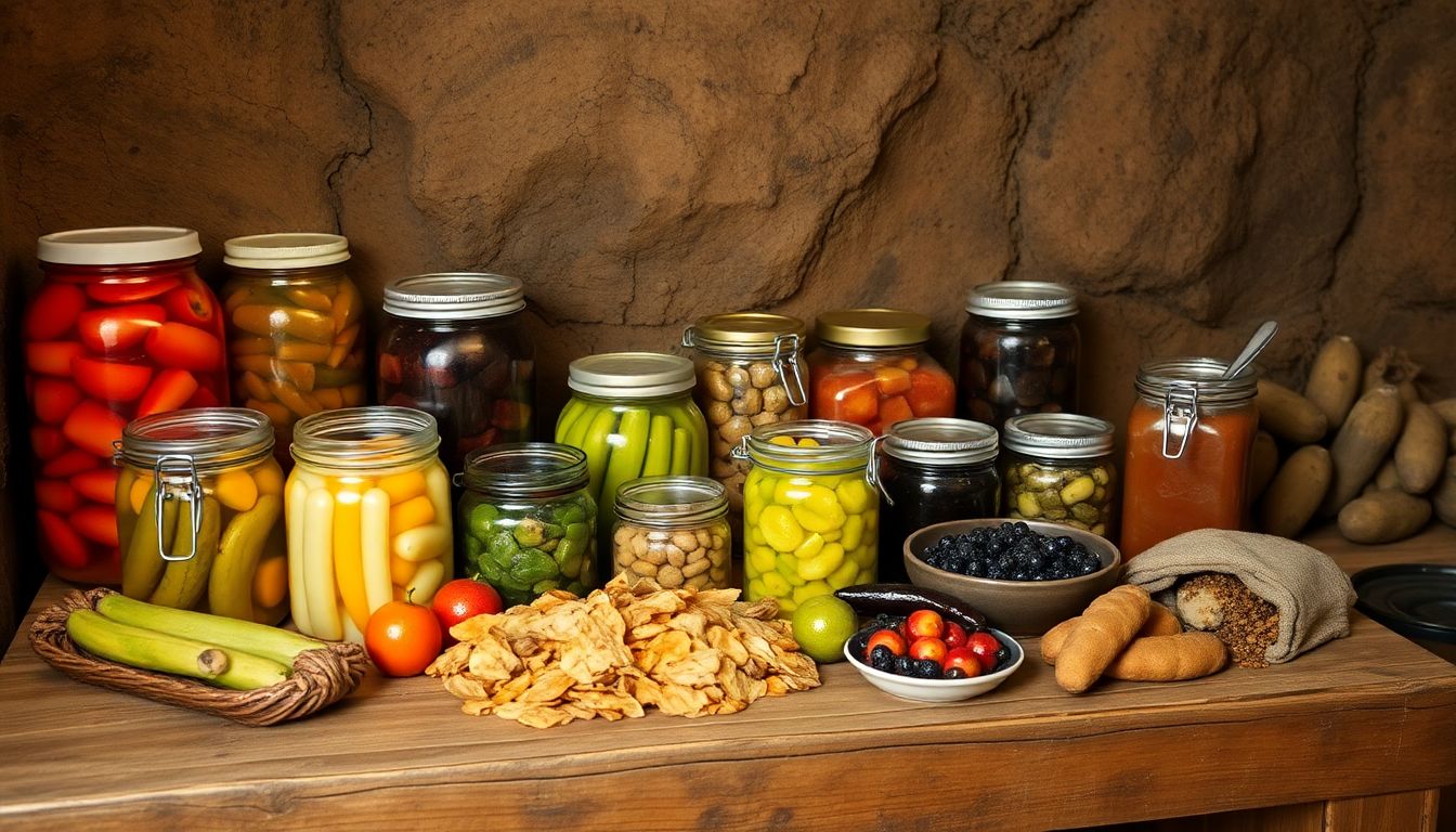 A variety of preserved foods, such as pickles, jams, and dried fruits, arranged on a rustic wooden table in a root cellar.