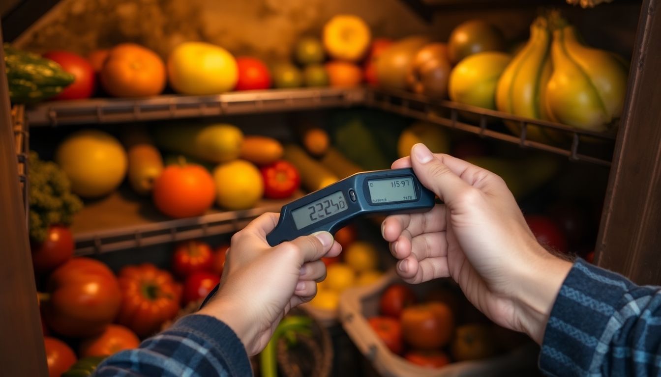 A person checking the temperature and humidity in a root cellar with a digital thermometer and hygrometer, surrounded by neatly stored produce.