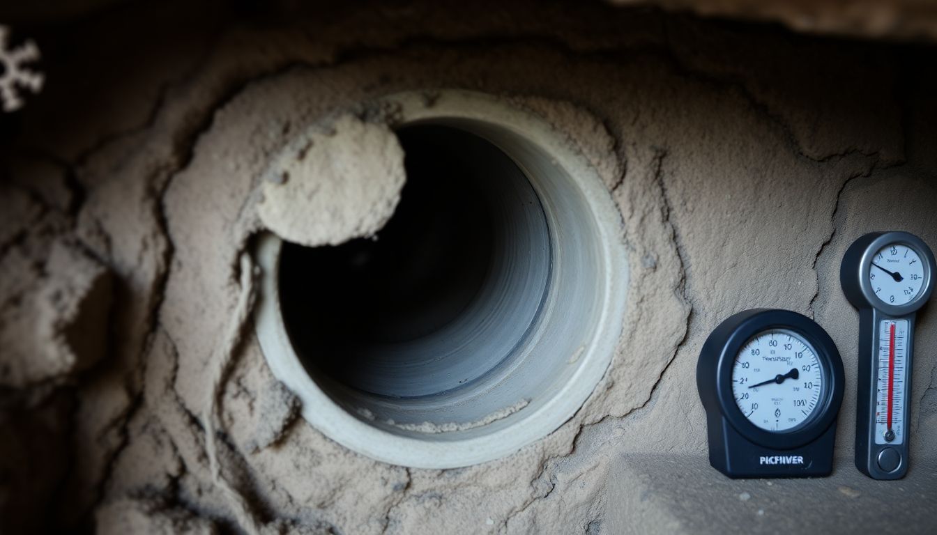 A close-up of a vent in a root cellar wall, with a thermometer and a hygrometer nearby.