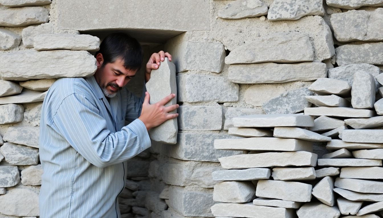 A stone mason carefully placing a stone in a wall, with a pile of neatly stacked stones nearby.