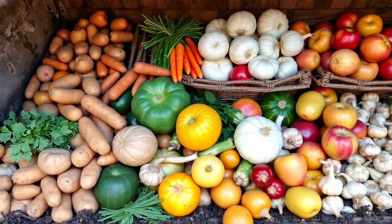 A diverse array of produce, from potatoes and carrots to apples and garlic, arranged in a root cellar with proper storage methods in place.