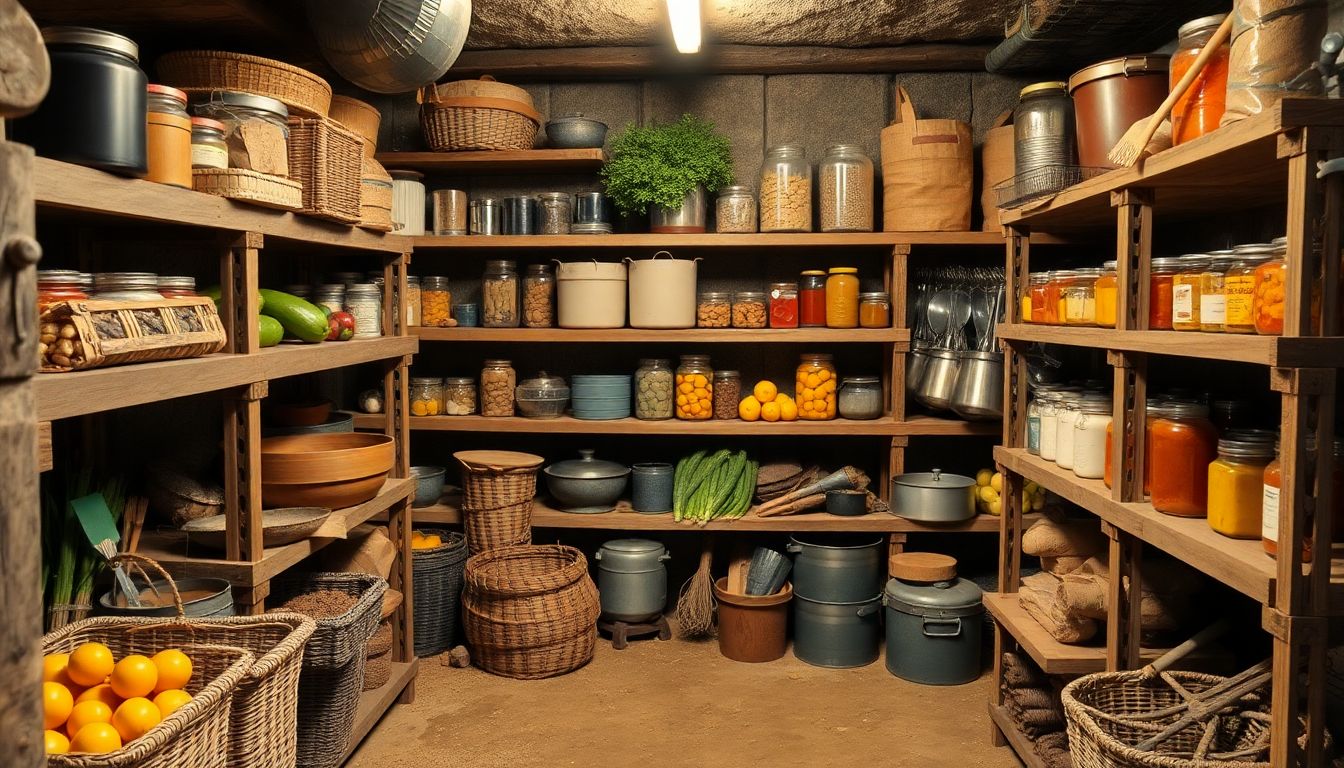 A well-organized root cellar with various types of shelving, filled with neatly stored produce and preservation tools.