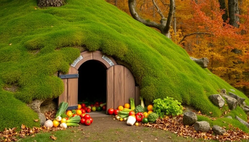 A rustic, wooden root cellar door nestled in a lush, green hillside, with a variety of vegetables and fruits spilling out, surrounded by a vibrant autumnal forest.