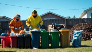 A family in a post-disaster scenario, wearing protective gear, sorting waste into different bins in their backyard, with a makeshift incinerator and compost pile in the background, under a clear blue sky.