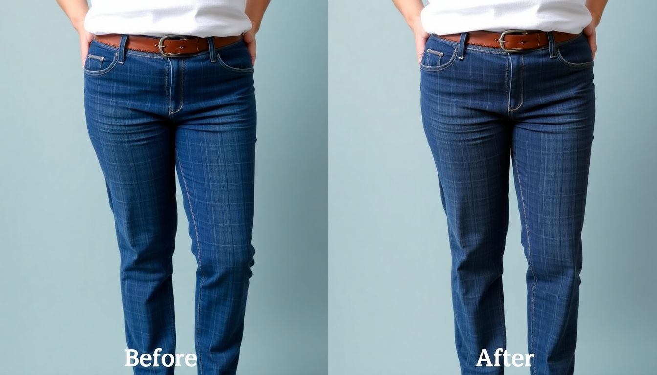 A before-and-after transformation of a too-big pair of pants being altered to fit perfectly.