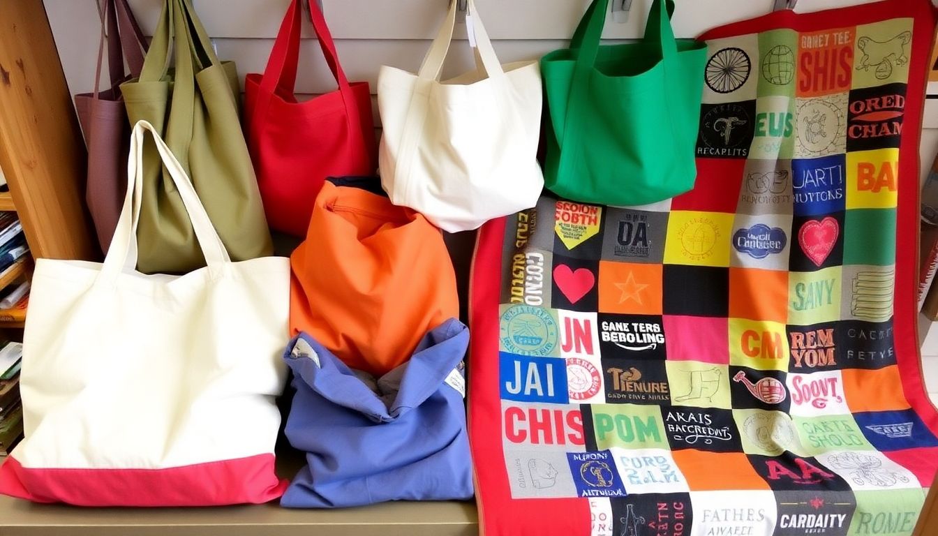 A variety of upcycled items made from old fabrics, such as tote bags, produce bags, and a quilt made from old t-shirts.