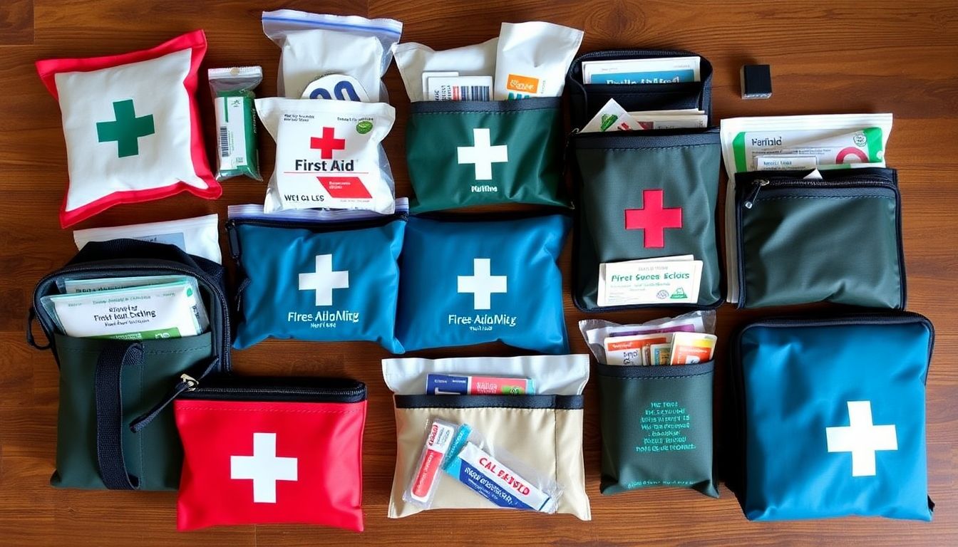 A well-stocked first aid kit with a variety of pouches and organizers, all sewn by hand.