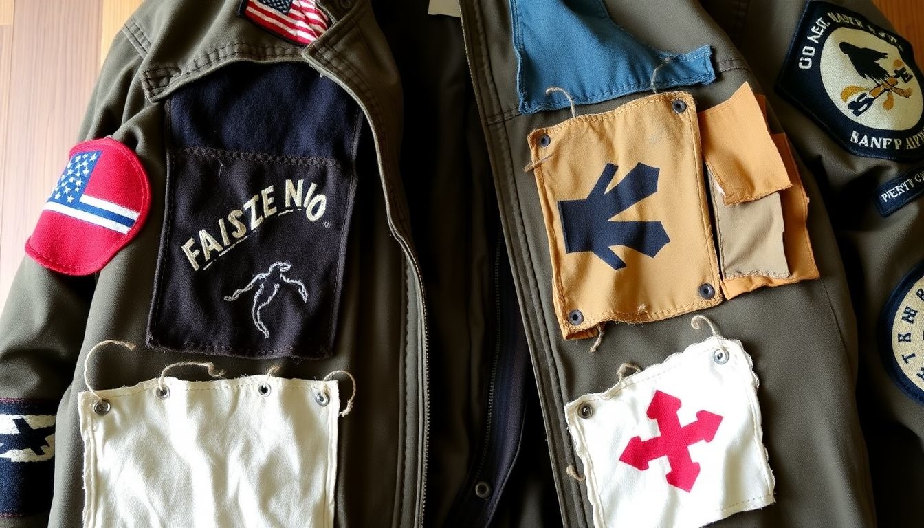 A well-worn jacket with a variety of patches and reinforced areas, showcasing different techniques and materials.