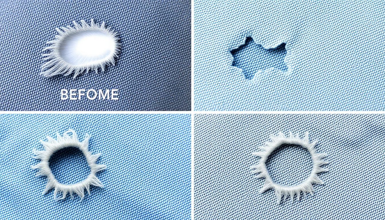 A series of before-and-after photographs showcasing various tear and hole repairs using different techniques.