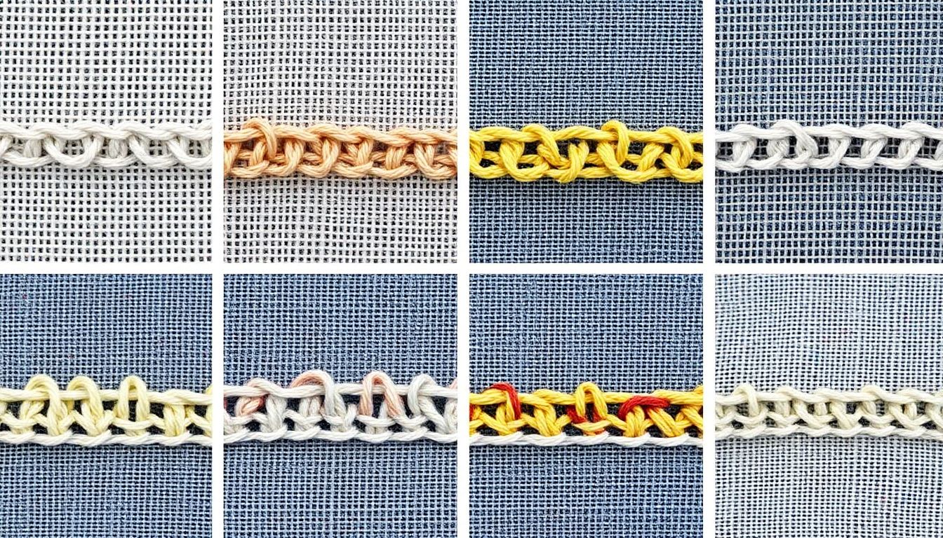 A series of close-up photographs demonstrating each of the basic stitches on different fabric types.