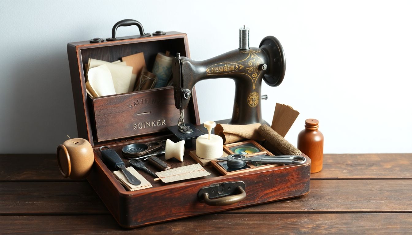 A vintage sewing kit with essential tools and materials laid out on a rustic wooden table.