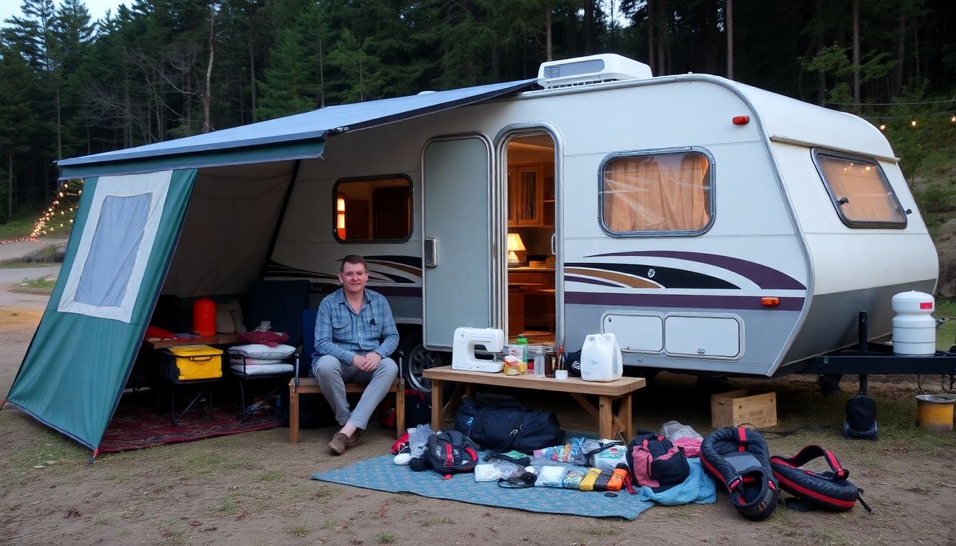 A well-equipped camper sitting by a tent, surrounded by their homemade gear and sewing kit.