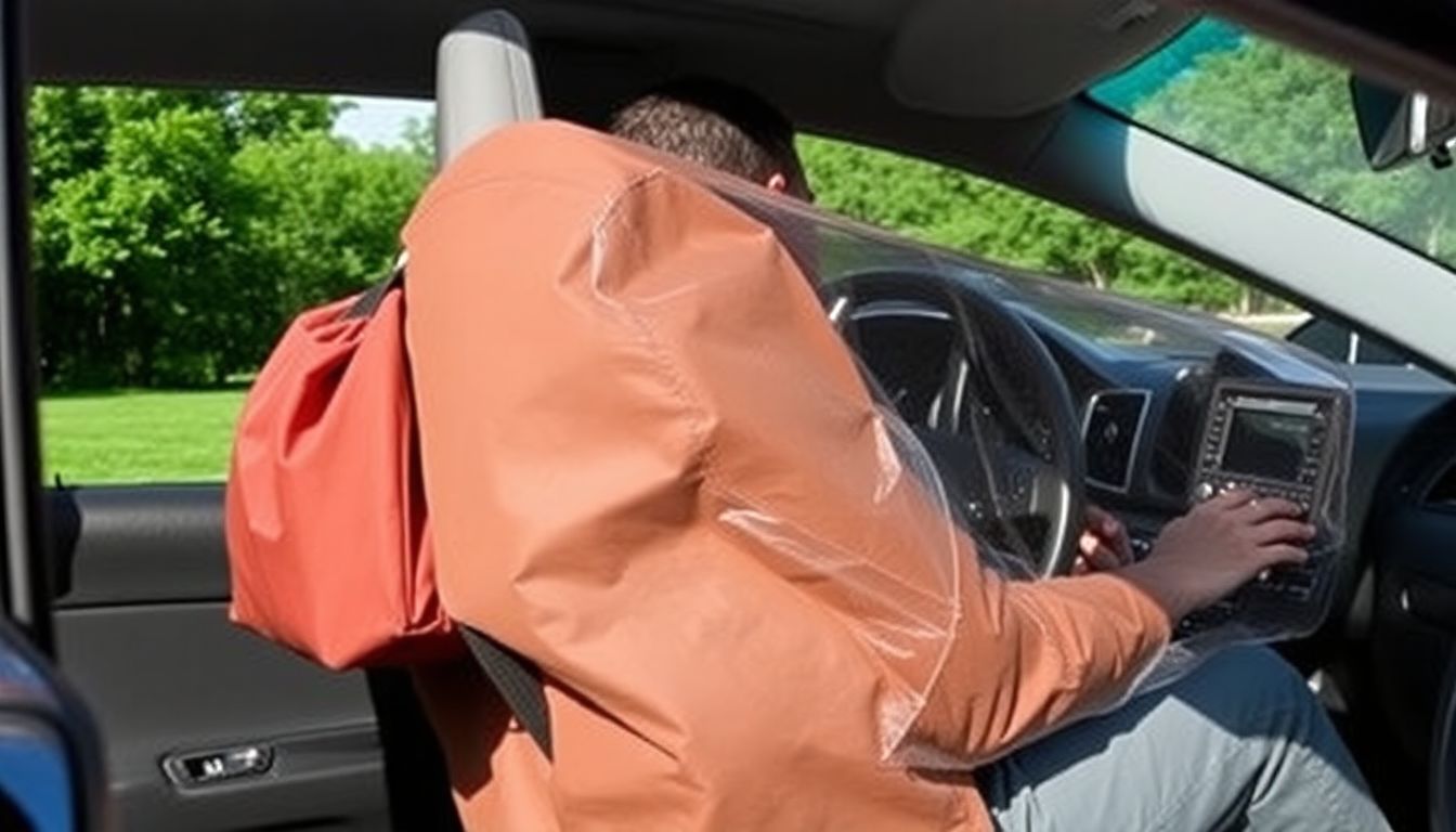 A photograph of a commercial Faraday cage product, like a Faraday bag or a Faraday cage for a car, with a person using it in a daily setting.