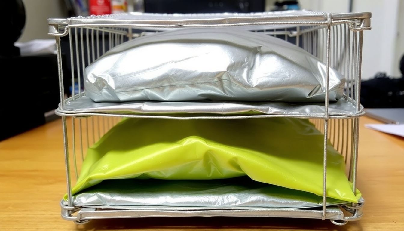 A photograph of a multi-layer Faraday cage, with different layers of metal and insulation visible.