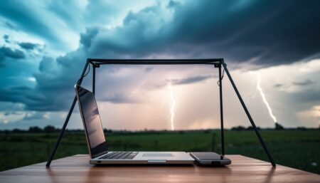 A close-up photograph of a homemade Faraday cage protecting a laptop and a smartphone, with a backdrop of a stormy sky and a lightning strike in the distance.