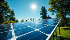 A close-up of a DIY solar panel array in a lush, green backyard, with a small off-grid cabin in the background, and a clear blue sky with the sun shining brightly.