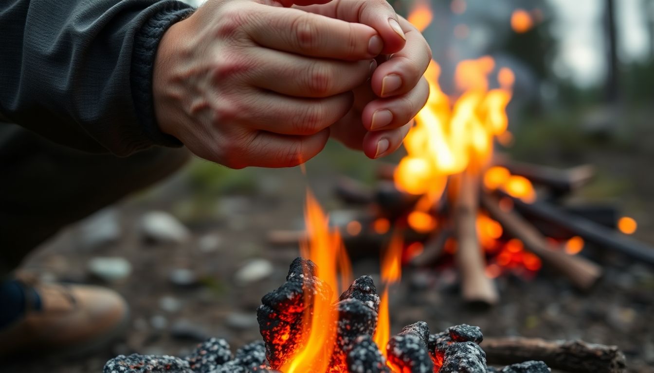 A close-up of a hiker's hands gently blowing on an ember, with a growing fire in the background.