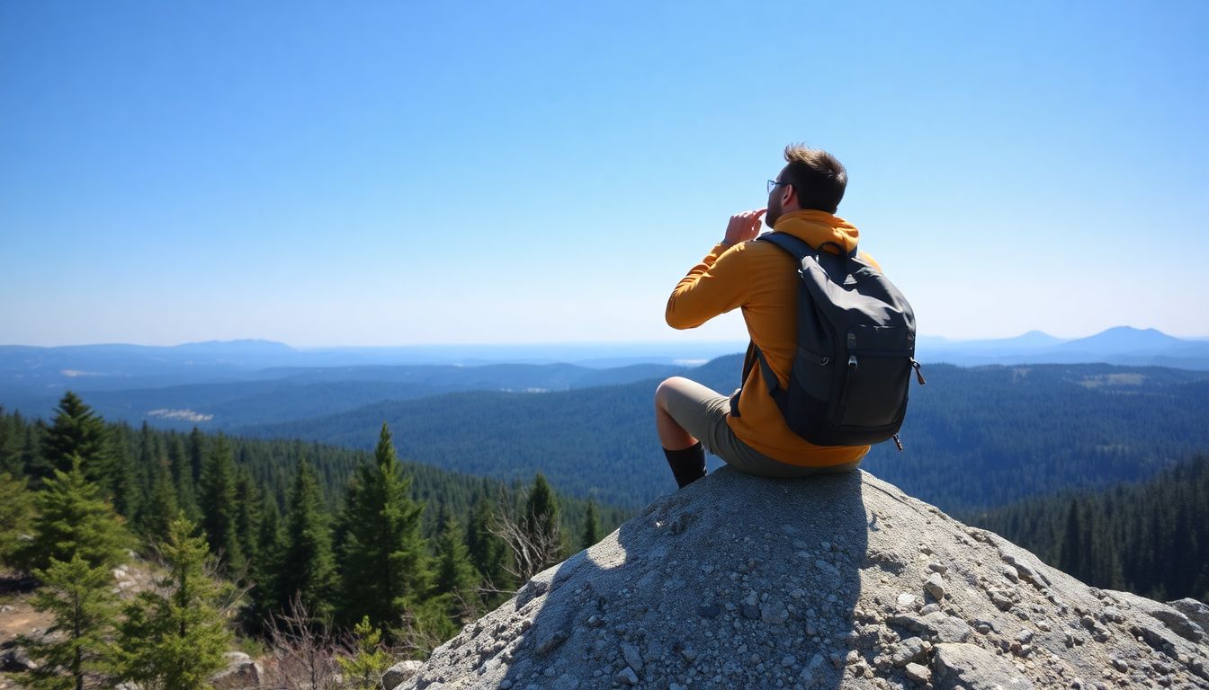 A hiker sitting calmly on a rock, taking a deep breath and looking out at a beautiful wilderness scene.