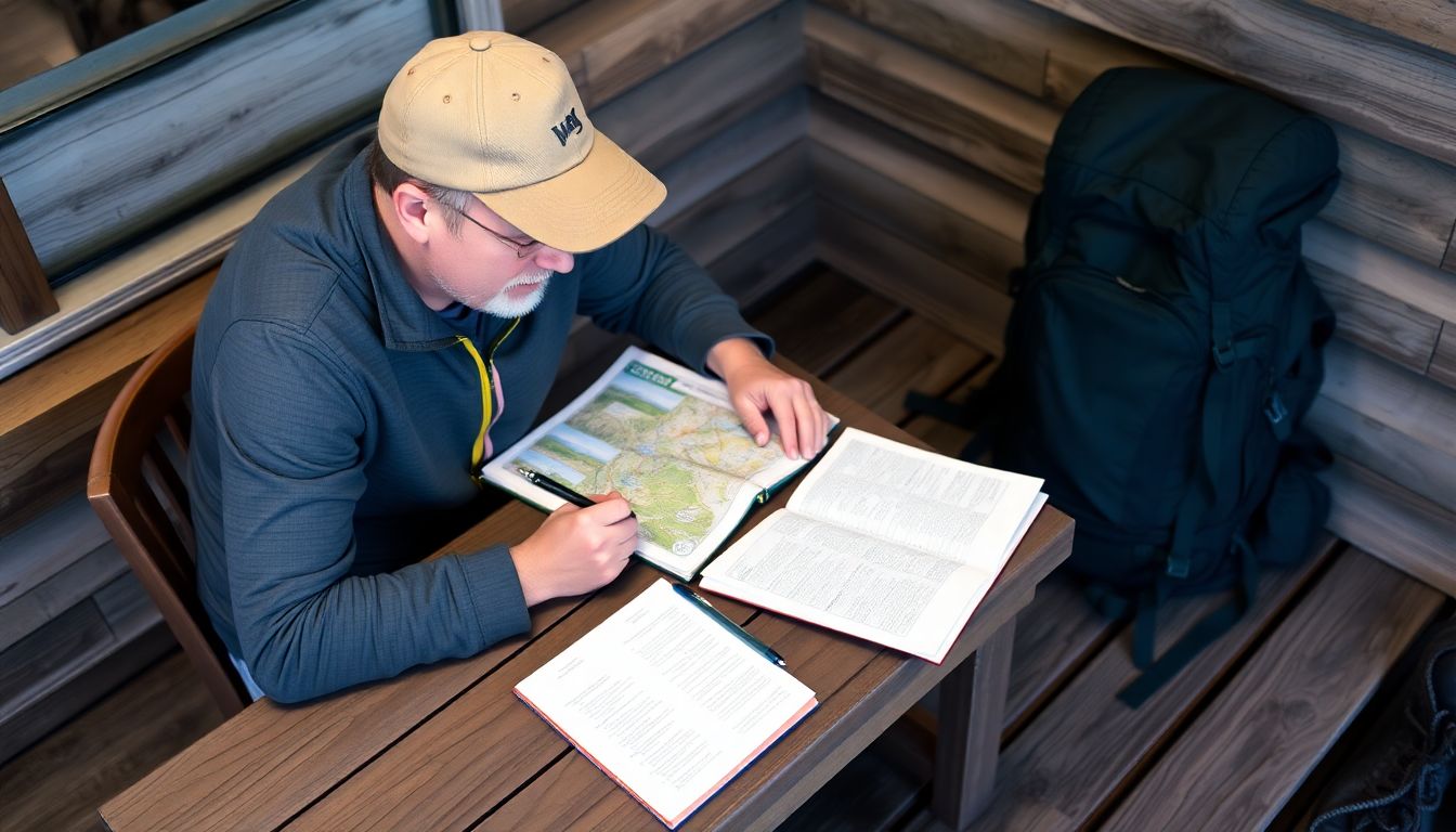 A hiker sitting at a table, studying a map and writing in a journal, with a packed backpack nearby.