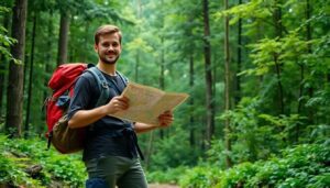 A lone hiker standing confidently in a dense, lush forest, holding a map and compass, with a well-stocked backpack and a determined look on their face.