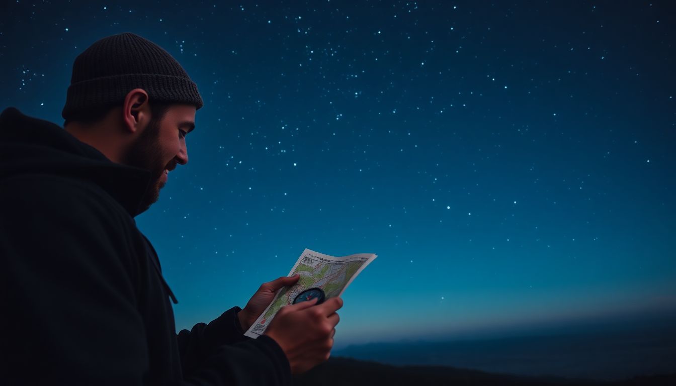 A hiker using a compass and map under a starry night sky, with a clear view of the horizon.