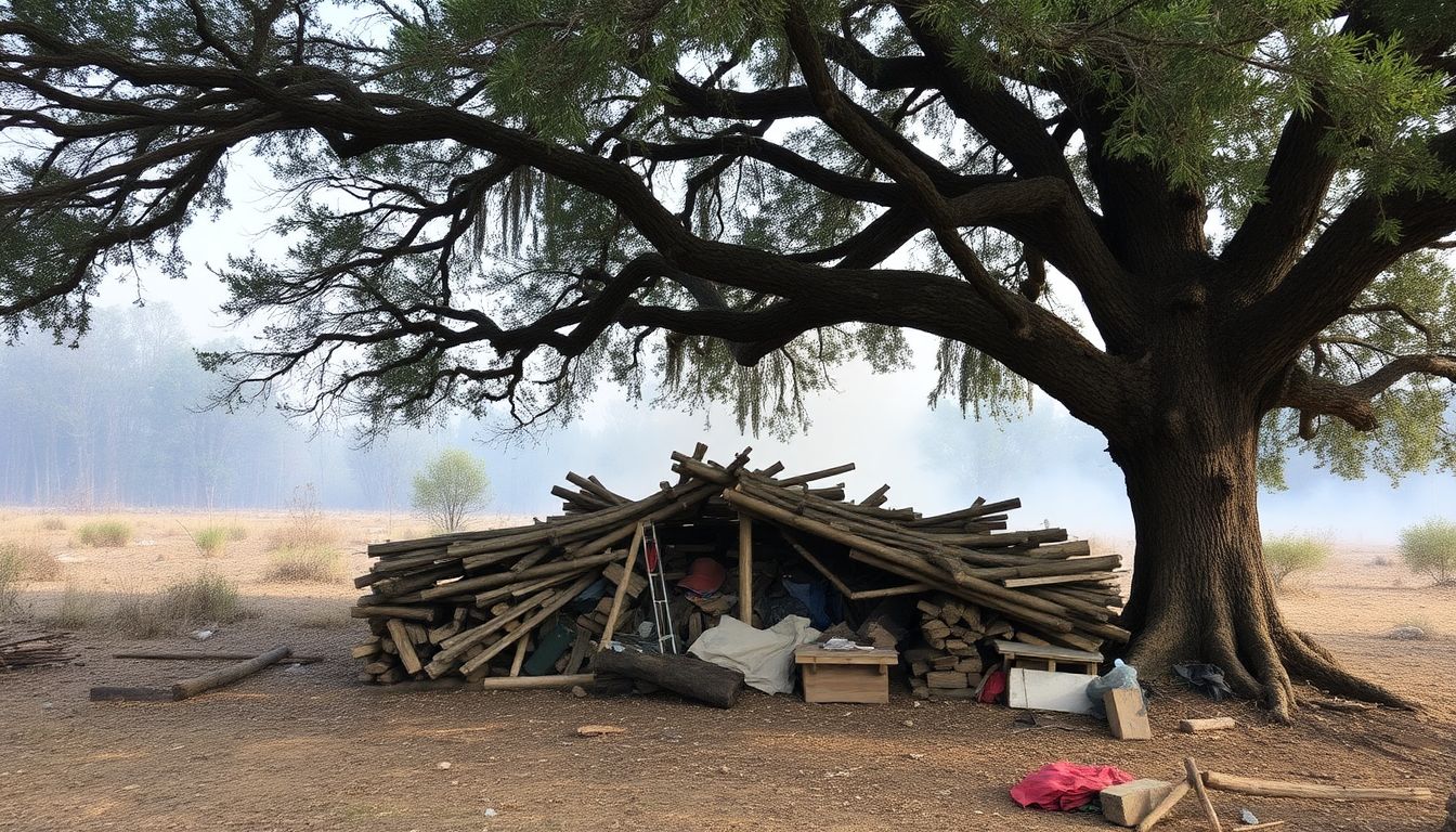 A cozy, well-built debris shelter tucked under a large tree, with smoke rising from a nearby fire.