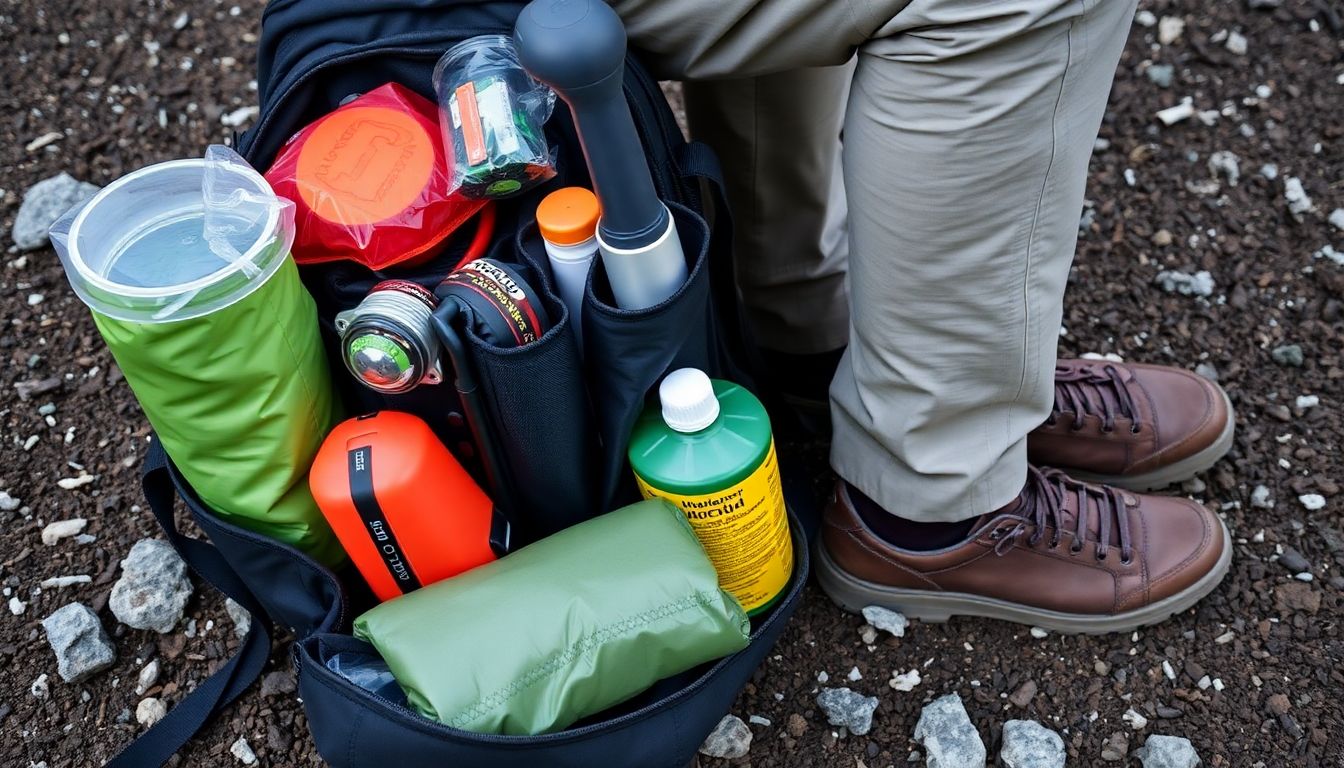 A well-organized, packed backpack with all the essential survival gear visible, sitting next to a hiker's feet.