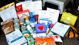 A well-stocked pet emergency kit, including food, water, medications, and comfort items, surrounded by essential documents and a first aid kit, with a pet carrier and leash visible in the background, all ready for a potential disaster.