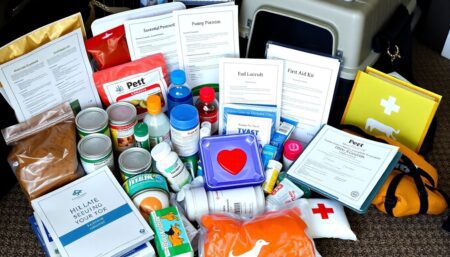 A well-stocked pet emergency kit, including food, water, medications, and comfort items, surrounded by essential documents and a first aid kit, with a pet carrier and leash visible in the background, all ready for a potential disaster.