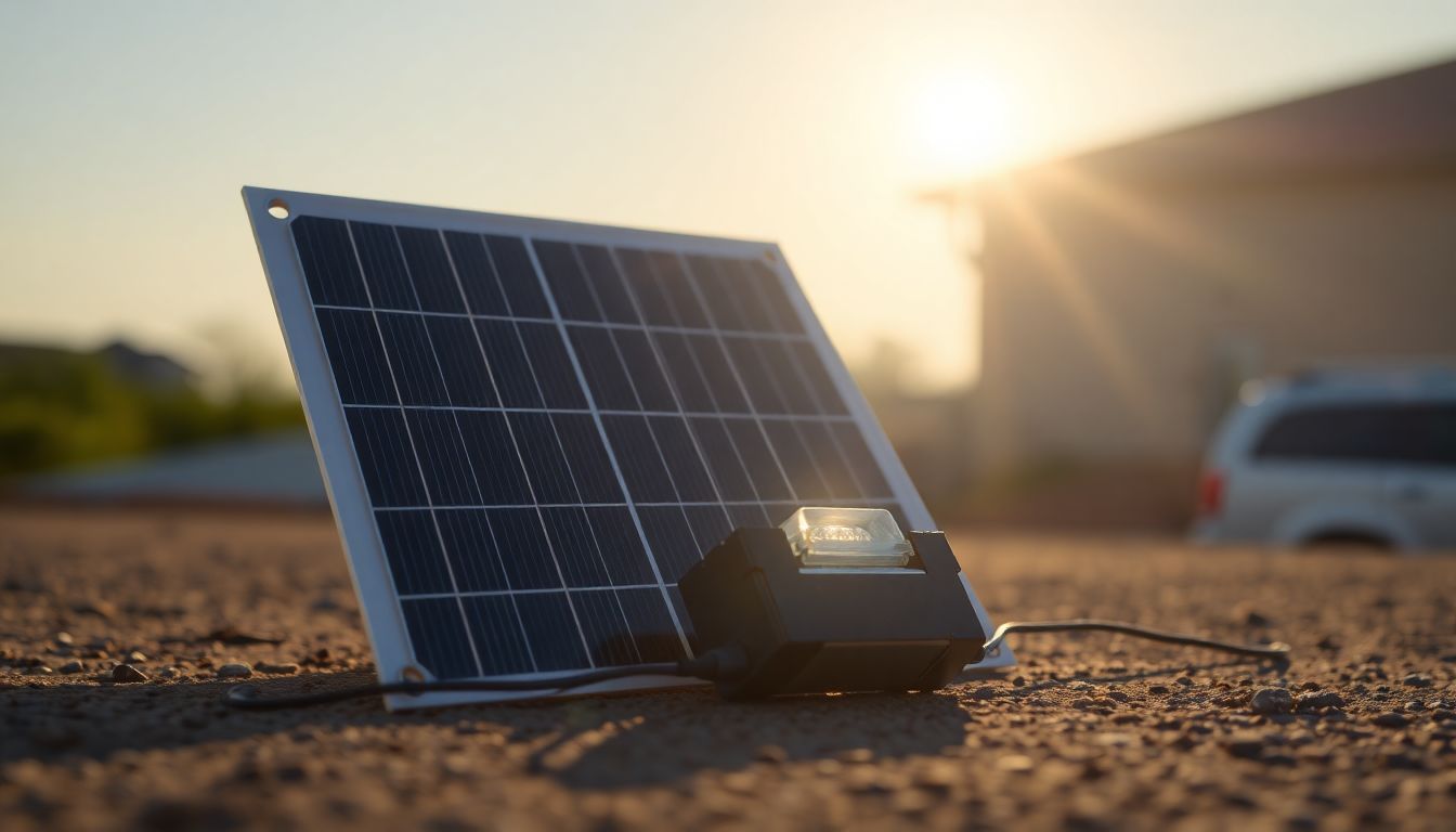 A homemade solar panel connected to a battery and a small light, with the sun shining brightly in the background