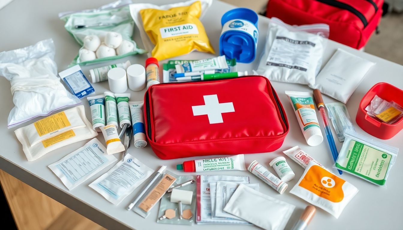 A neatly organized first aid kit with various bandages, ointments, and medical tools laid out on a table