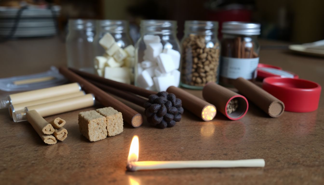 A variety of homemade fire starters laid out on a table, with a lit match in the foreground