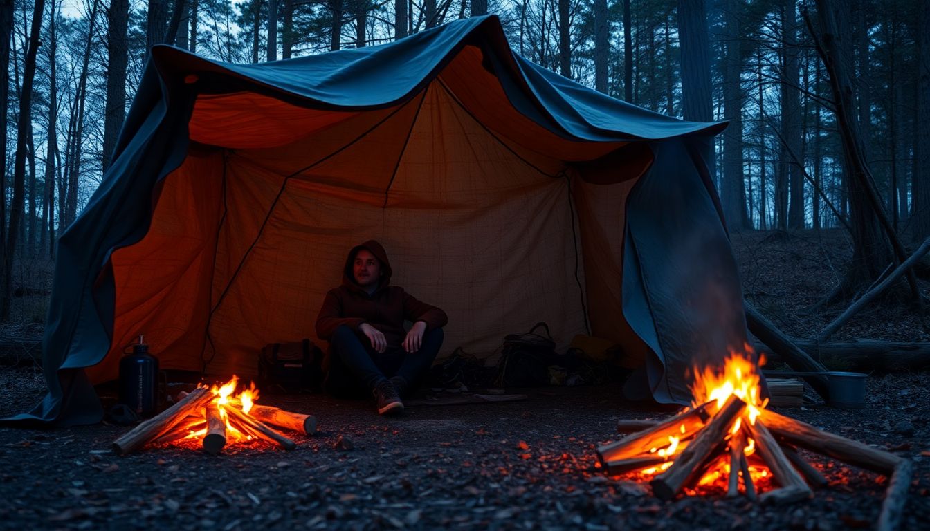 A person sitting inside a homemade emergency shelter, with a warm fire burning nearby