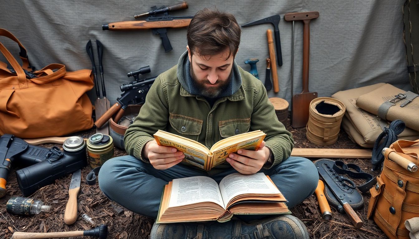 A person reading a book on survival skills while surrounded by homemade gear and tools