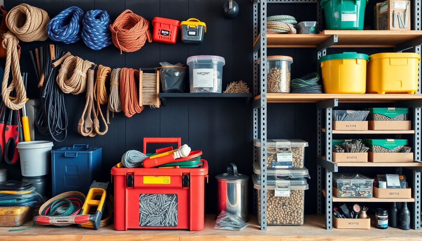 A well-organized toolbox and storage shelves filled with various materials like rope, nails, screws, and other essentials