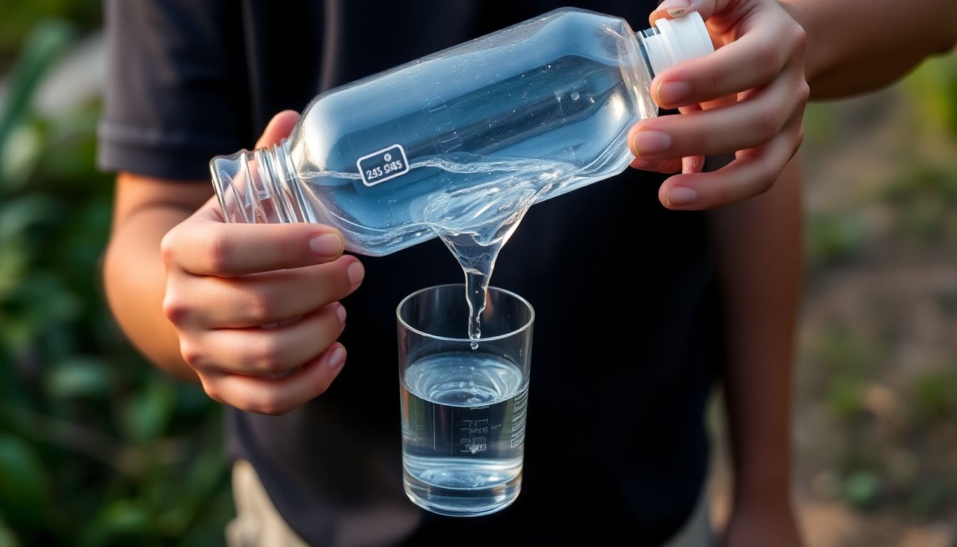 A person holding a homemade water filter made from a plastic bottle, with clean water dripping into a glass