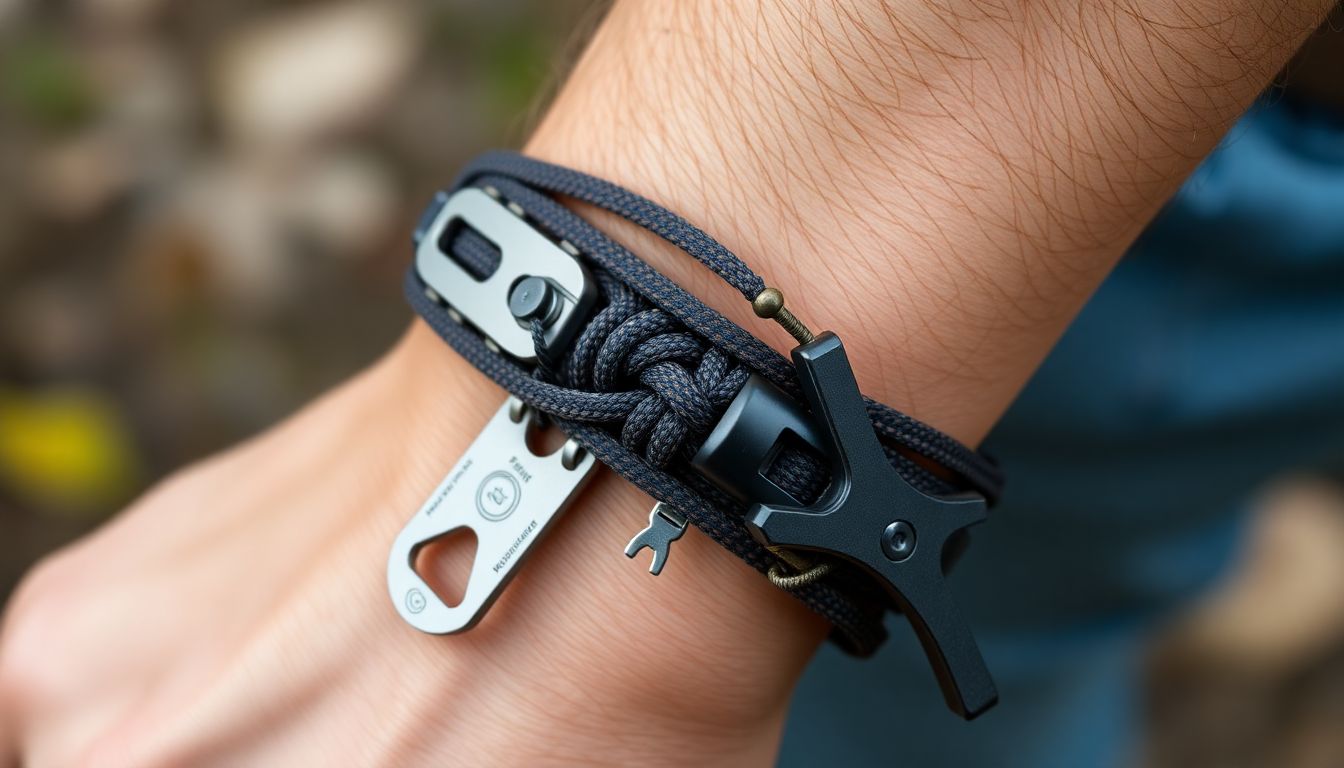 A close-up of a paracord survival bracelet with various tools attached, being worn on someone's wrist